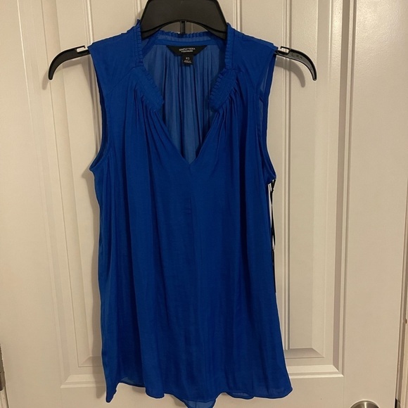 SLEEVELESS V-NECK SIMPLY VERA VERAWANG XS BLOUSE GORGEOUS BLUE GATHERING ACCENTS - Picture 3 of 13